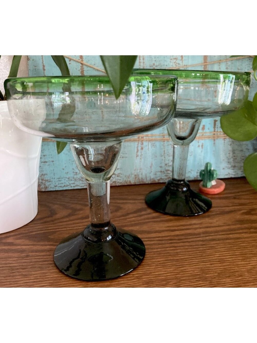 Handblown MEXICAN Bubble Glass Margarita Martini Glasses Green Clear Set Of 2